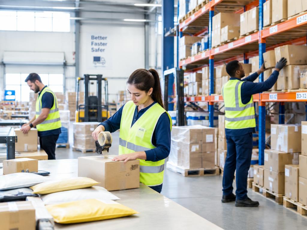 Workers packing boxes in a warehouse